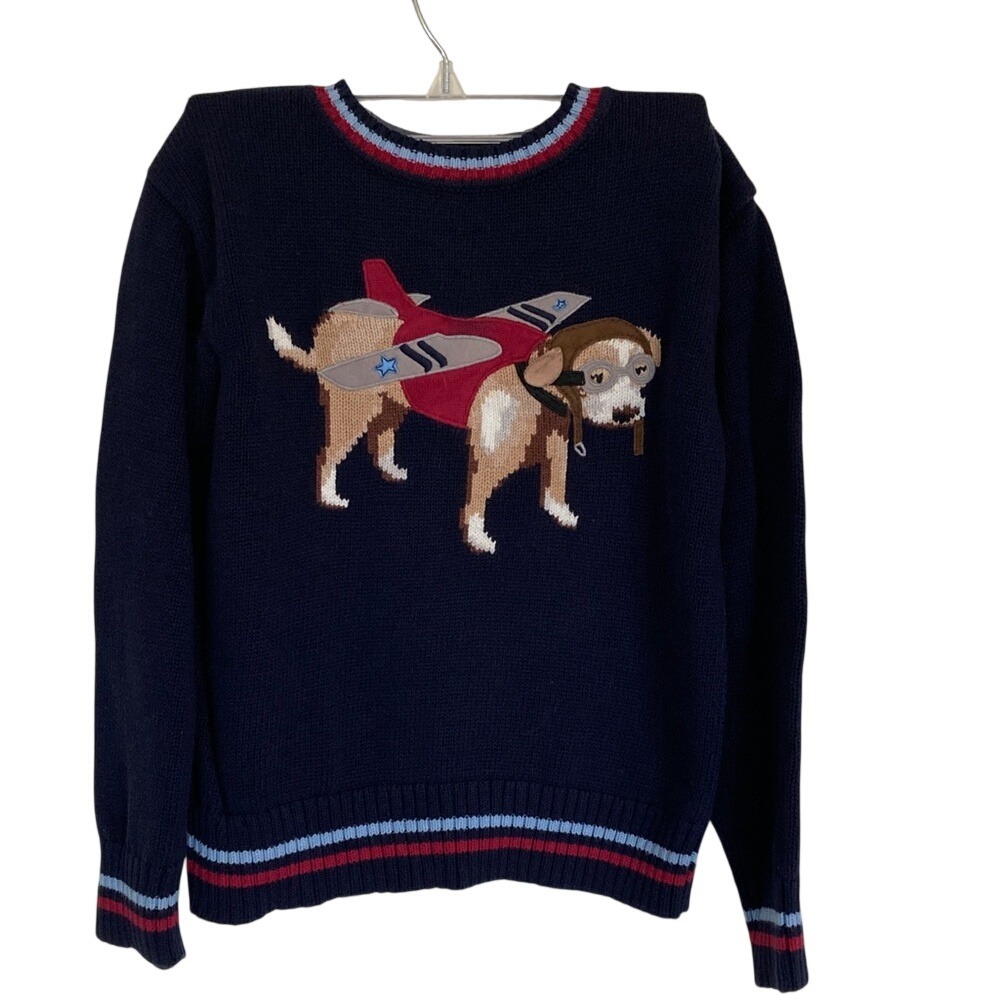 Hamstrings Boy Navy Dog Appliqué‎ Crewneck Sweater Size 7 Novelty Kids Americana
